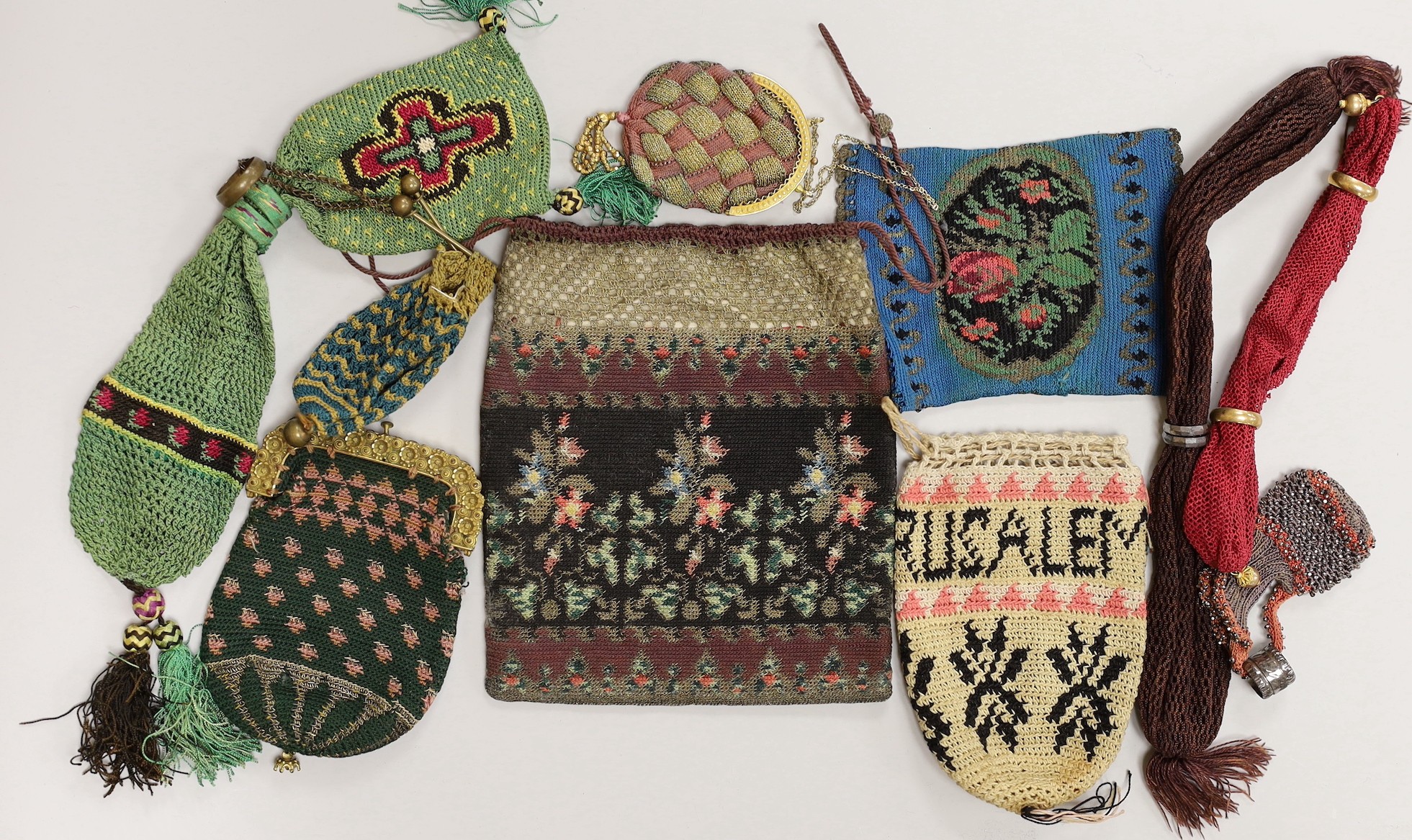 Three finely crocheted misters purses, six various shaped and sized purses and a finely crochet draw string bible bag (10).